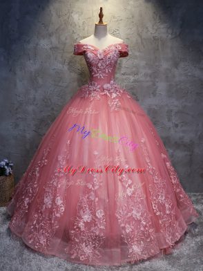 Stunning Floor Length Watermelon Red Sweet 16 Quinceanera Dress Tulle Sleeveless Appliques