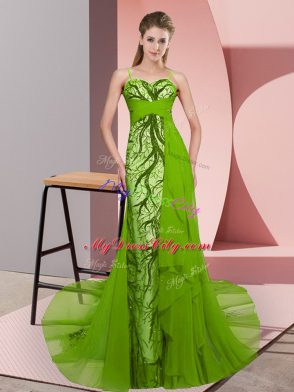 Deluxe Green Spaghetti Straps Sleeveless Sweep Train Zipper
