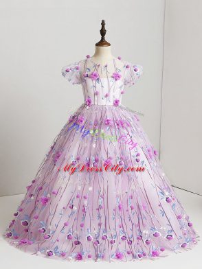 Fashionable Floor Length Lilac Little Girl Pageant Dress Tulle Short Sleeves Hand Made Flower