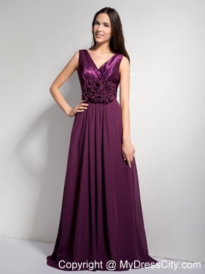 Classical Dark Purple A-line V-neck Brush Train Bridesmaid Gown