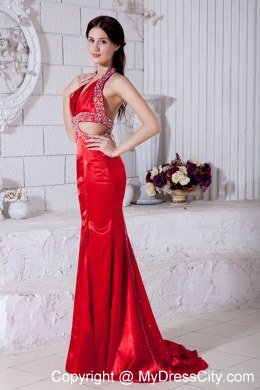 Sexy Red Beaded Halter Prom Evening Dress with Cut Out