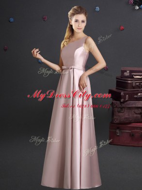 Pink Elastic Woven Satin Zipper One Shoulder Sleeveless Floor Length Dama Dress Bowknot