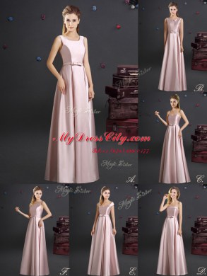 Pink Elastic Woven Satin Zipper One Shoulder Sleeveless Floor Length Dama Dress Bowknot