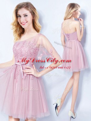 Artistic One Shoulder Sleeveless Lace Up Quinceanera Court of Honor Dress Pink Tulle