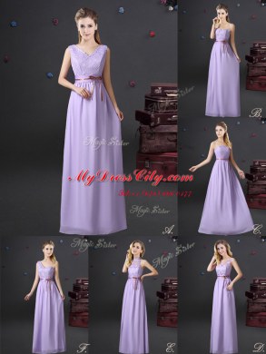 Flare One Shoulder Lavender Chiffon Lace Up Wedding Party Dress Sleeveless Floor Length Lace and Appliques and Belt