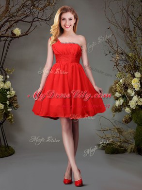 Chiffon One Shoulder Sleeveless Zipper Beading and Ruching Quinceanera Dama Dress in Red and Champagne