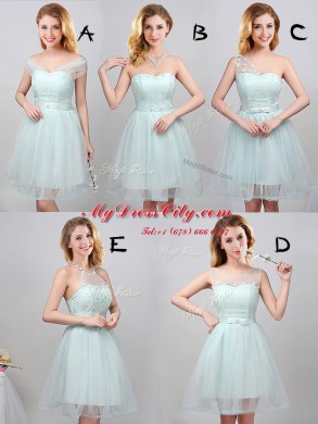 Sleeveless Tulle Mini Length Lace Up Bridesmaid Dresses in Apple Green with Lace and Appliques