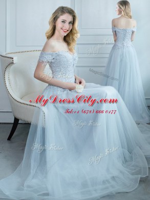 Beauteous Off the Shoulder Light Blue Cap Sleeves Beading and Appliques Floor Length Quinceanera Court Dresses