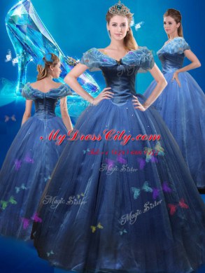 Gorgeous Cinderella Off the Shoulder Navy Blue Sleeveless Tulle Lace Up Ball Gown Prom Dress for Sweet 16 and Quinceanera