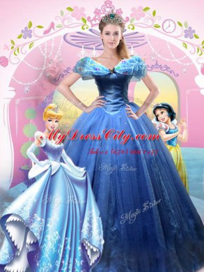 Gorgeous Cinderella Off the Shoulder Navy Blue Sleeveless Tulle Lace Up Ball Gown Prom Dress for Sweet 16 and Quinceanera