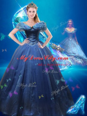 Gorgeous Cinderella Off the Shoulder Navy Blue Sleeveless Tulle Lace Up Ball Gown Prom Dress for Sweet 16 and Quinceanera