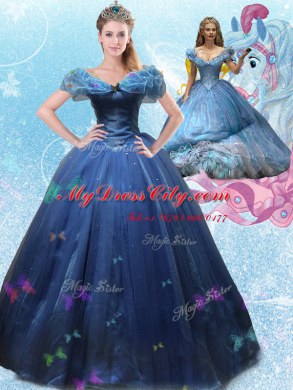 Gorgeous Cinderella Off the Shoulder Navy Blue Sleeveless Tulle Lace Up Ball Gown Prom Dress for Sweet 16 and Quinceanera