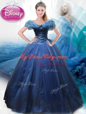 Gorgeous Cinderella Off the Shoulder Navy Blue Sleeveless Tulle Lace Up Ball Gown Prom Dress for Sweet 16 and Quinceanera