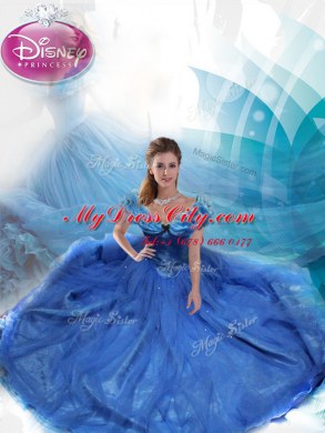 Gorgeous Cinderella Off the Shoulder Navy Blue Sleeveless Tulle Lace Up Ball Gown Prom Dress for Sweet 16 and Quinceanera