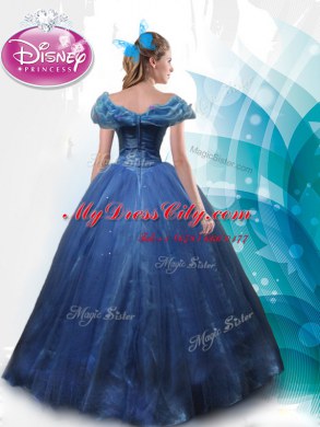 Gorgeous Cinderella Off the Shoulder Navy Blue Sleeveless Tulle Lace Up Ball Gown Prom Dress for Sweet 16 and Quinceanera