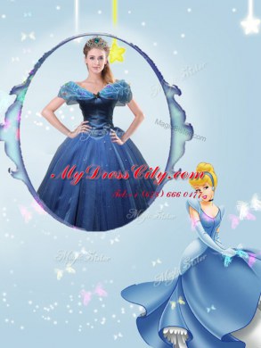 Gorgeous Cinderella Off the Shoulder Navy Blue Sleeveless Tulle Lace Up Ball Gown Prom Dress for Sweet 16 and Quinceanera