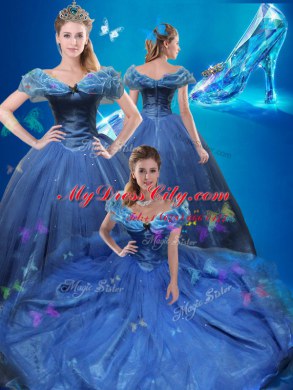 Gorgeous Cinderella Off the Shoulder Navy Blue Sleeveless Tulle Lace Up Ball Gown Prom Dress for Sweet 16 and Quinceanera