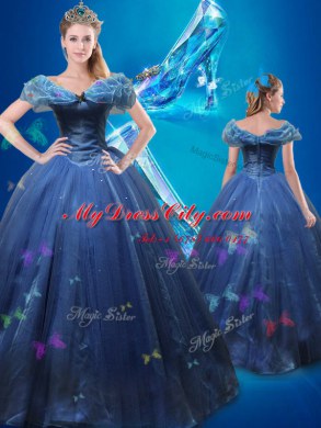 Gorgeous Cinderella Off the Shoulder Navy Blue Sleeveless Tulle Lace Up Ball Gown Prom Dress for Sweet 16 and Quinceanera