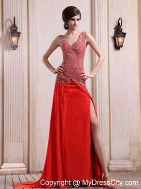 V-neck Red Celebrity Dress With Beaded Bodice High Slit Court Train