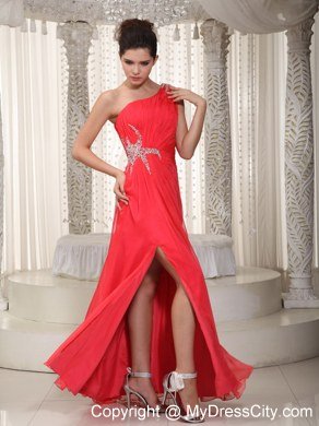 One Shoulder Empire Side Slit Chiffon Beading Celebrity Dresses