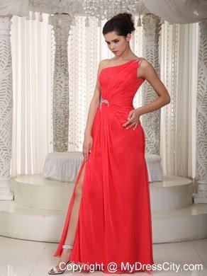 One Shoulder Empire Side Slit Chiffon Beading Celebrity Dresses