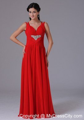 V-neck Beading and Ruching Red Chiffon Celebrity Dress Floor-length