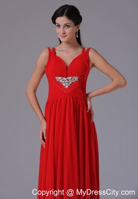 V-neck Beading and Ruching Red Chiffon Celebrity Dress Floor-length