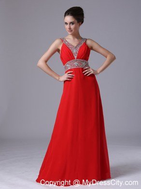 Beading Straps V-neck Empire Chiffon Red Celebrity Dress Floor-length