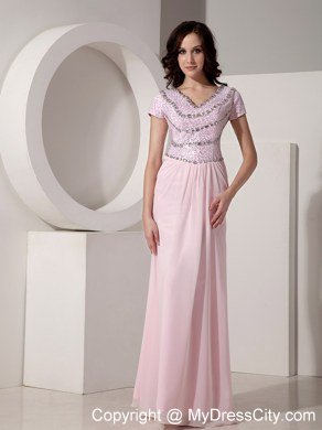 Empire V-neck Baby Pink Celebrity Dress Chiffon Beading Short Sleeves