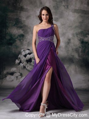 High-slit Purple Empire One Shoulder Celebrity Dress Chiffon Beading