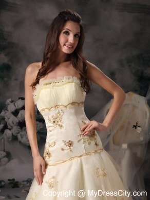 Embroidery A-Line Celebrity Dress Strapless Organza Brush Train Champagne