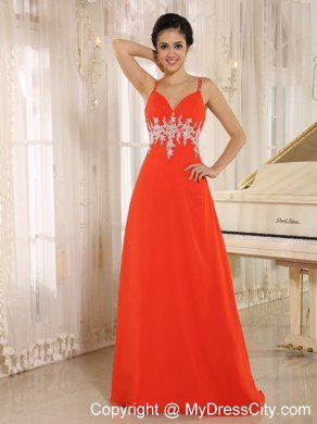 Red Celebrity Dress Spaghetti Straps Appliques Waist With Brush Train