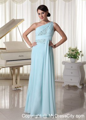 Ruching One Shoulder Chiffon Beaded Light Blue Watteau train Prom Dress