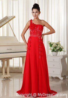 Red Celebrity Dresses One Shoulder With Hand Flowers Beaded and Ruche