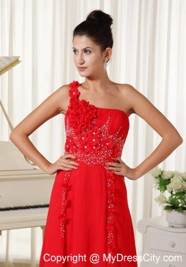 Red Celebrity Dresses One Shoulder With Hand Flowers Beaded and Ruche