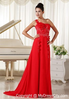 Red Celebrity Dresses One Shoulder With Hand Flowers Beaded and Ruche