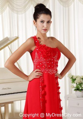 Red Celebrity Dresses One Shoulder With Hand Flowers Beaded and Ruche