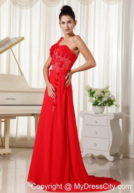 Red Celebrity Dresses One Shoulder With Hand Flowers Beaded and Ruche