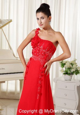 Red Celebrity Dresses One Shoulder With Hand Flowers Beaded and Ruche