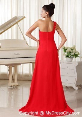 Red Celebrity Dresses One Shoulder With Hand Flowers Beaded and Ruche