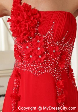 Red Celebrity Dresses One Shoulder With Hand Flowers Beaded and Ruche