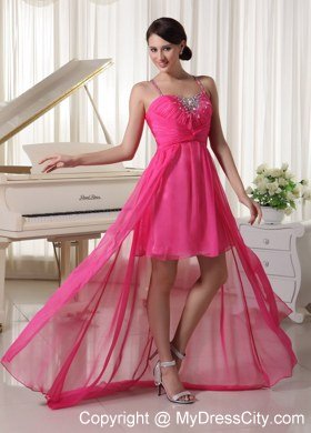 Beading Spaghetti Straps Hot Pink High-low Celebrity Dresses Chiffon