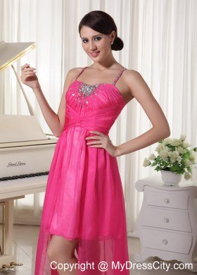 Beading Spaghetti Straps Hot Pink High-low Celebrity Dresses Chiffon