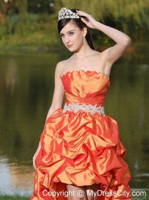 Latest High-Low Orange Red Beaded Waistband Celebrity Dresses