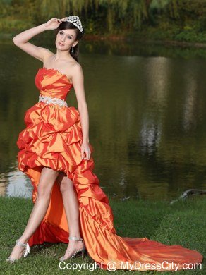 Latest High-Low Orange Red Beaded Waistband Celebrity Dresses