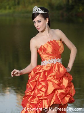 Latest High-Low Orange Red Beaded Waistband Celebrity Dresses