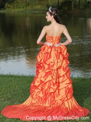 Latest High-Low Orange Red Beaded Waistband Celebrity Dresses