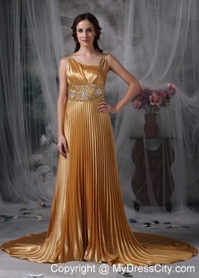 Ruching Gold Empire Asymmetrical Celebrity Dress Beading Brush Train