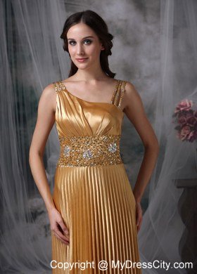 Ruching Gold Empire Asymmetrical Celebrity Dress Beading Brush Train