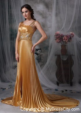 Ruching Gold Empire Asymmetrical Celebrity Dress Beading Brush Train